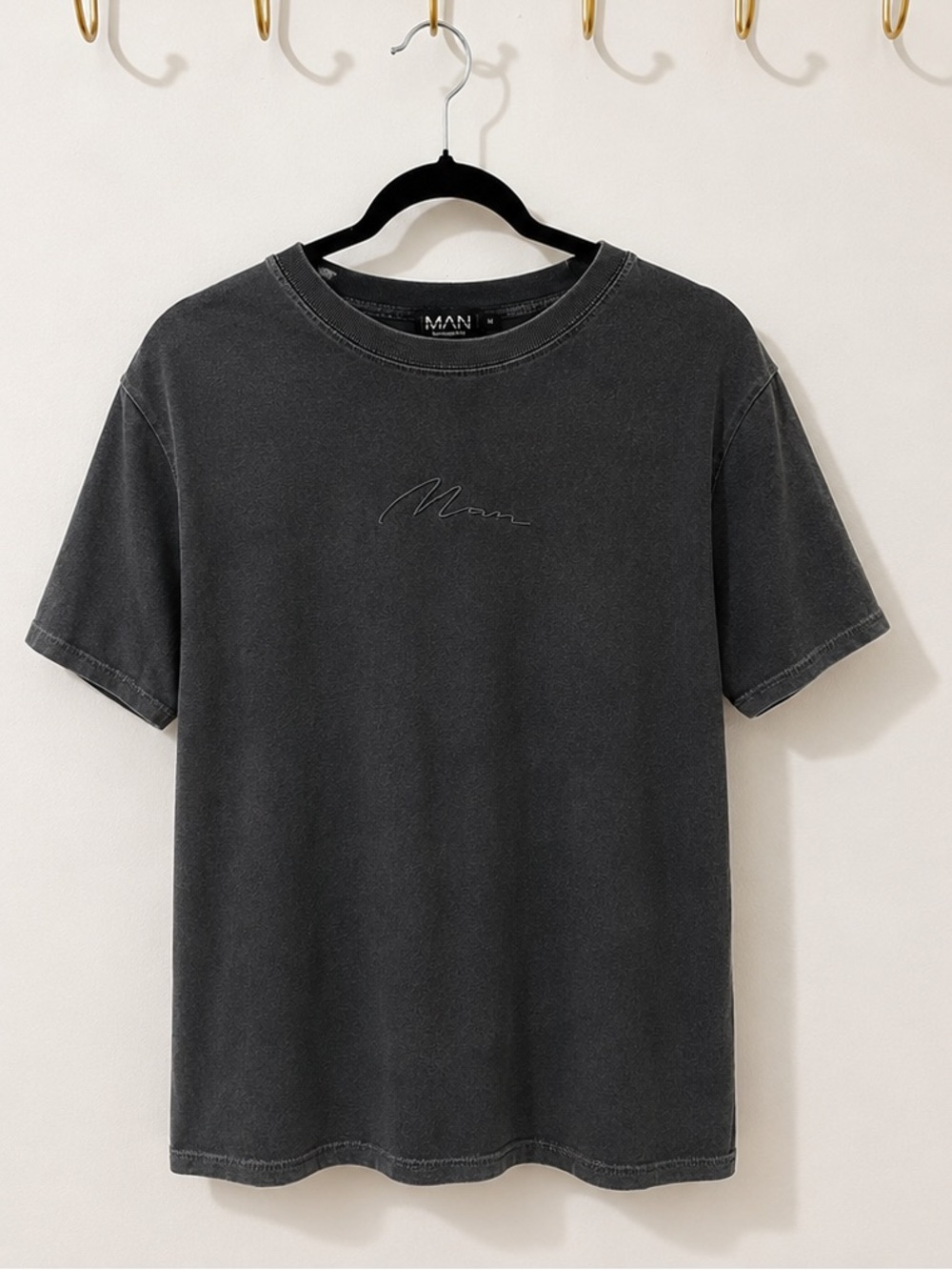 Boohoo Man Black Washed Script Logo Tee Medium EUC